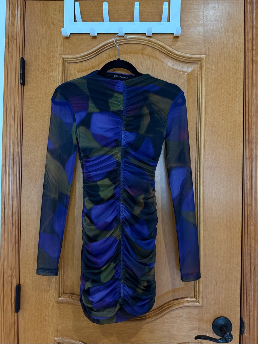Zara Blue Purple Green Long-Sleeve Ruched Mini Dress